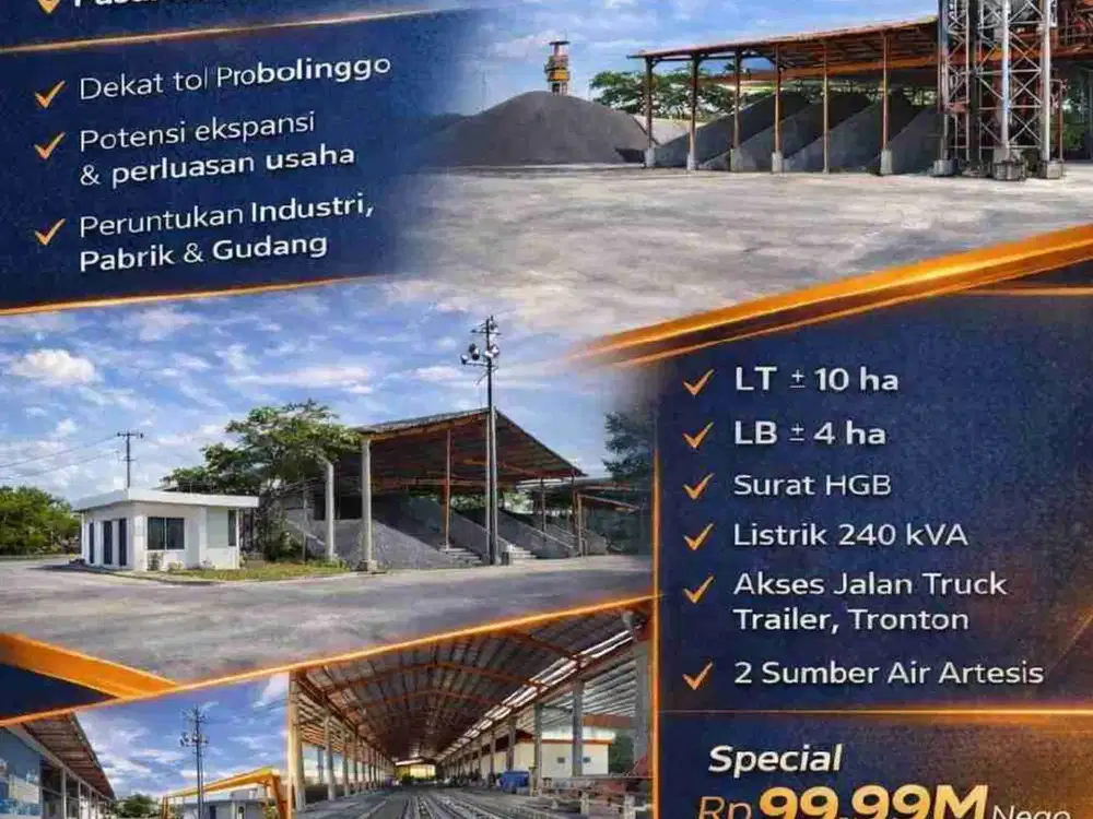 DI JUAL EX PABRIK SIAP PAKAI DI PASURUAN JAWA TIMUR, DEKAT PINTU TOL PROBOLINGGO

Point Selling : 

Dekat tol Probolinggo
Kondisi Pabrik sangat Bagus
Potensi ekspansi & perluasan usaha 
Peruntukan Industri , Pabrik & Gudang

Spesifikasi :

• LT ± 10 Ha 
•