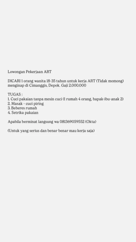 Lowongan ART menginap