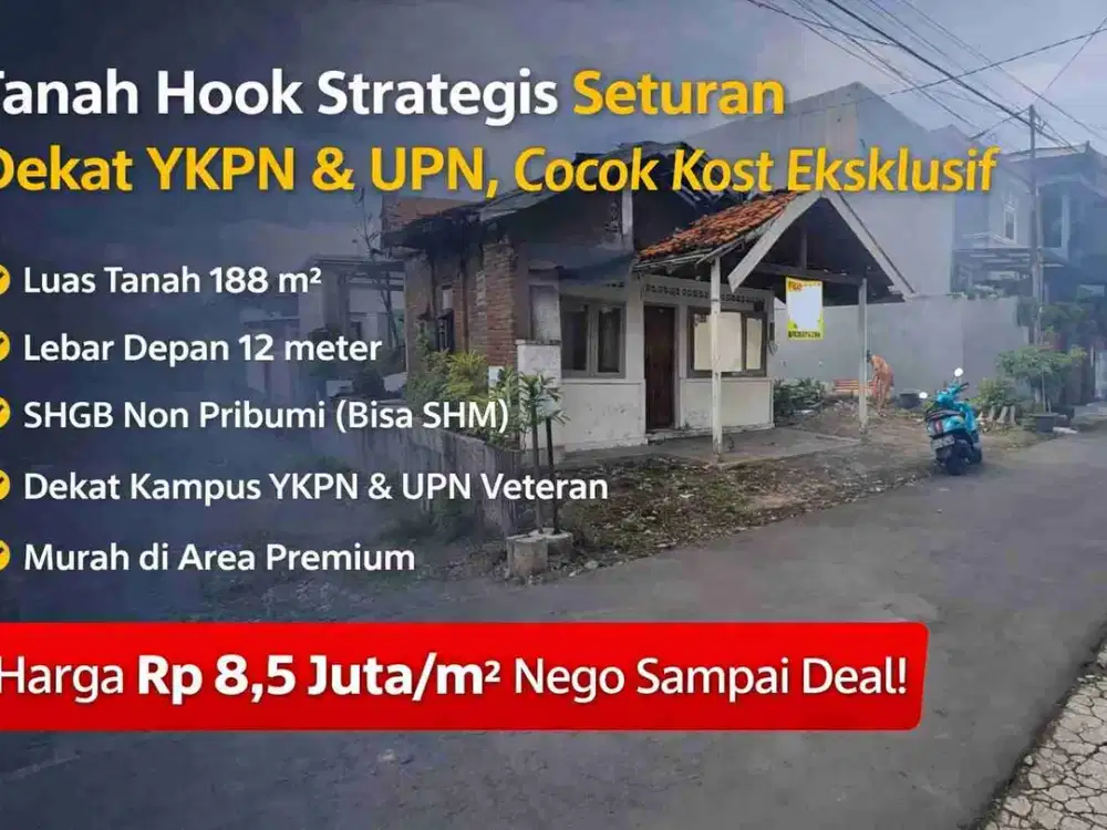 Tanah Hook Strategis Seturan Dekat YKPN & UPN, Cocok Kost Eksklusif