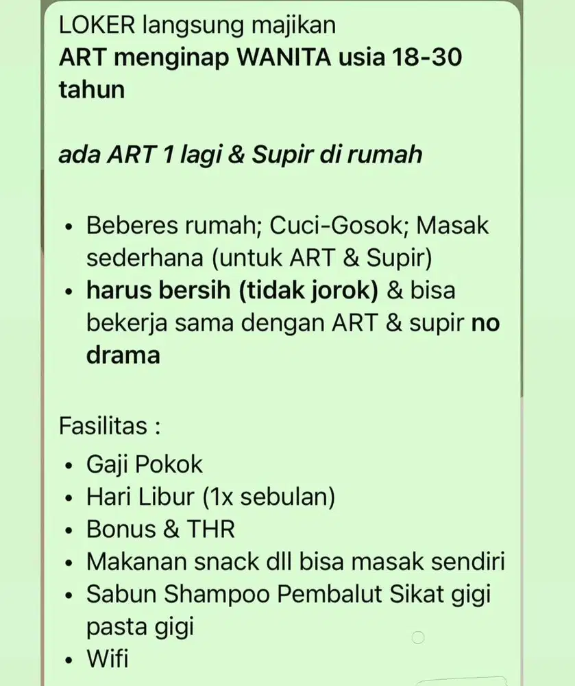 LOKER ART WANITA langsung majikan