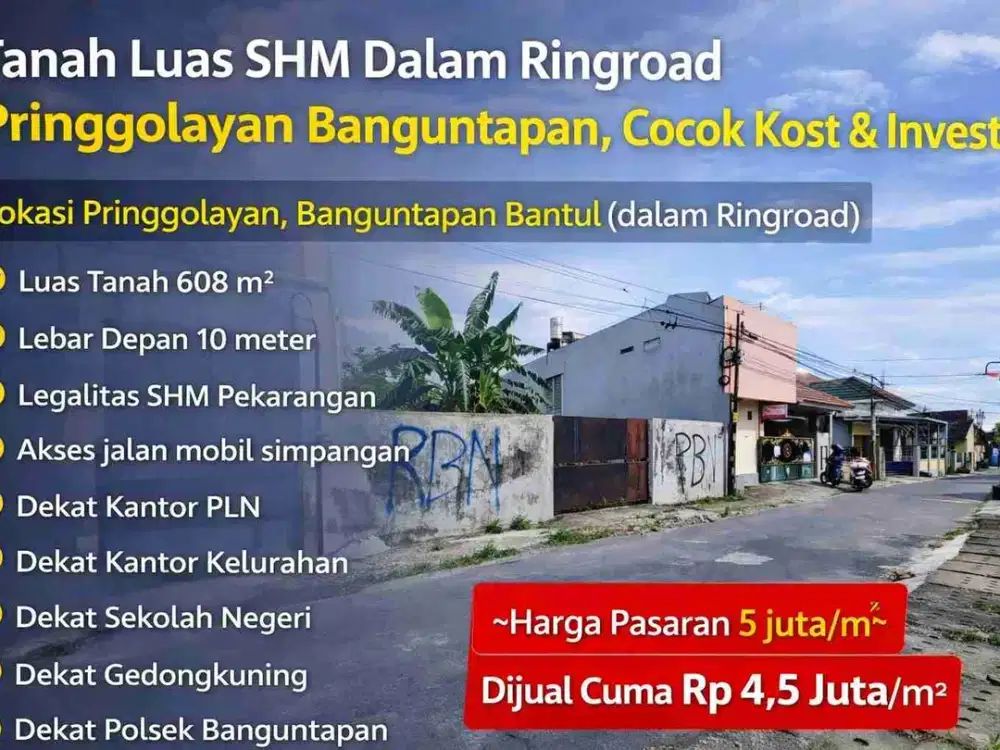 Tanah Luas 608 m² SHM Dalam Ringroad Pringgolayan, Banguntapan – Cocok Kost & Investasi