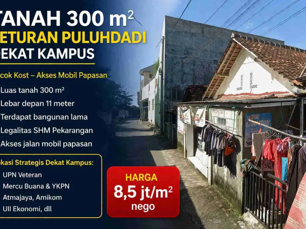 Tanah 300 m² Seturan Puluhdadi Dekat Kampus, Cocok Kost – Akses Mobil Papasan