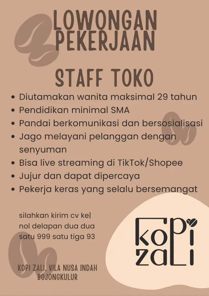 Dibutuhkan staff toko di Kopi Zali, Bojongkulur