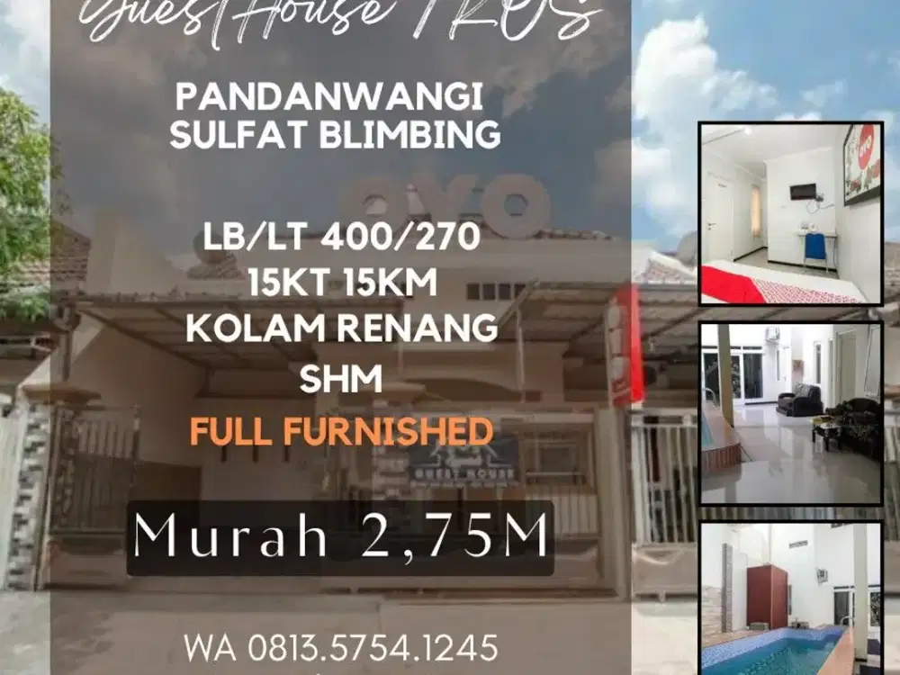 Kos Guesthouse dijual sulfat purwantoro 15KT+15Kmd+kolam renang 2,75M