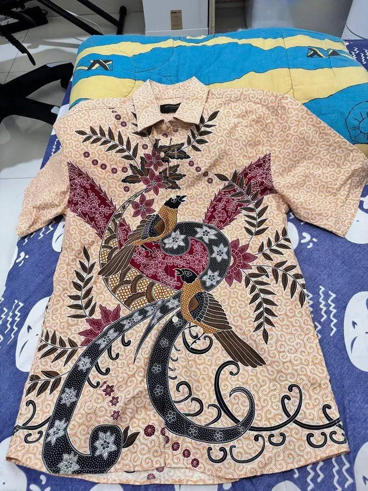 Batik lengan pendek, warna orange, well used, Jayashree, slim fit M