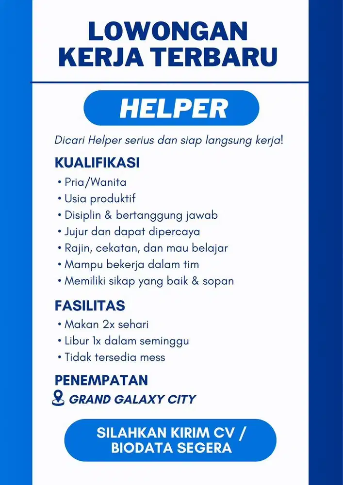 Dibutuhkan helper restoran chinesefood