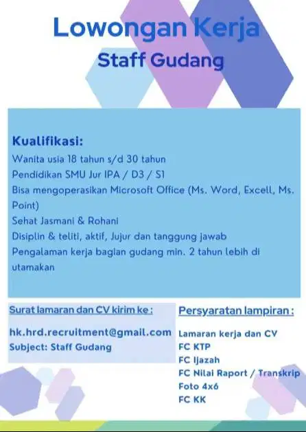Lowongan kerja Staff Gudang / Sosmed / Digital Officer
