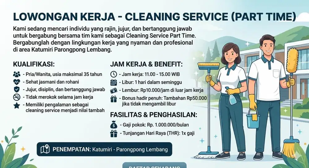 LOWONGAN KERJA - CLEANING SERVICE (PART TIME)