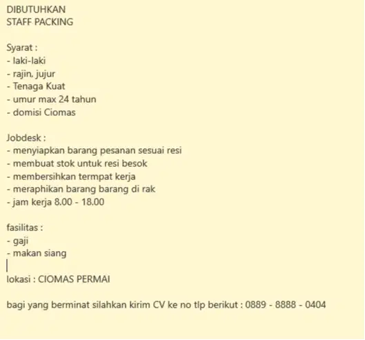 dibutuhkan staff produksi dan packing online shop