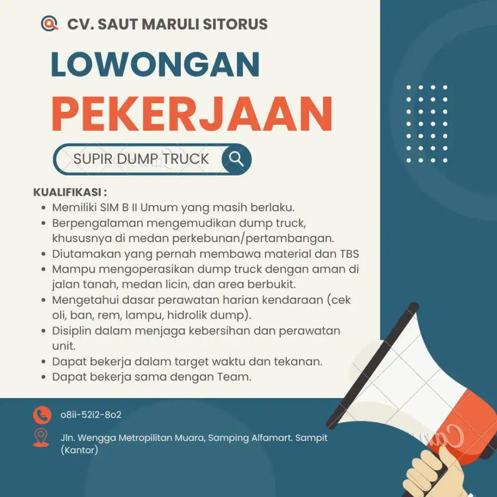 Lowongan kerja SUPIR DUMB TRUCK