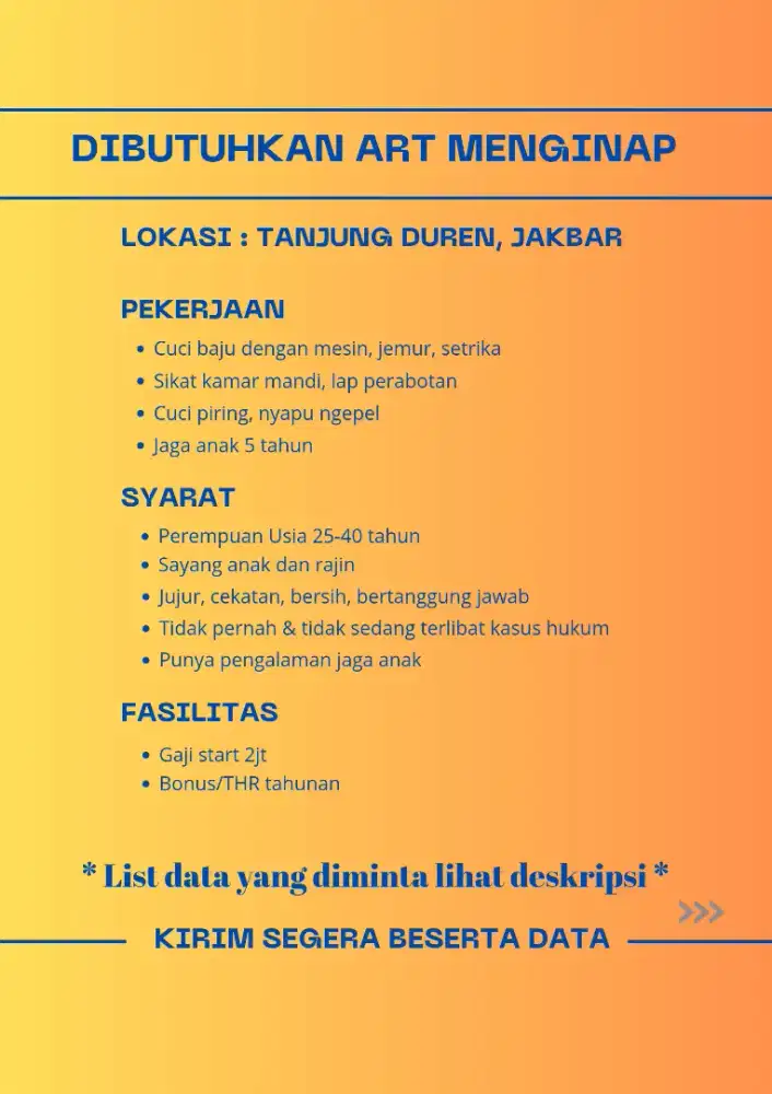 Dibutuhkan ART Menginap Area Jakbar