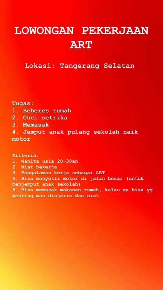 Lowongan Pekerjaan Asisten Rumah Tangga (ART)