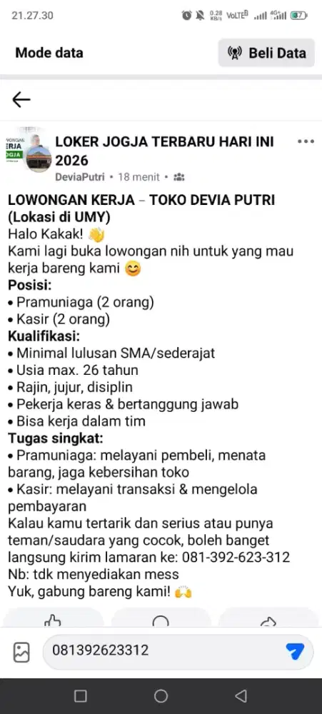 Dibutuhkan karyawan toko