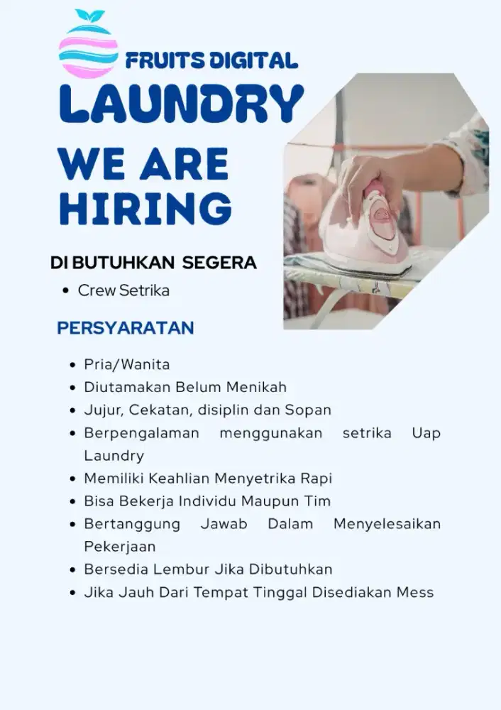 DIBUTUHKAN SEGERA YANG SIAP KERJA CREW SETRIKA UAP