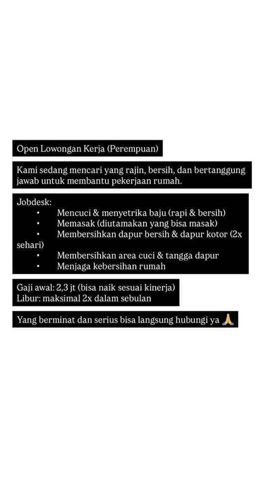 LOWONGAN KERJA (PEREMPUAN)