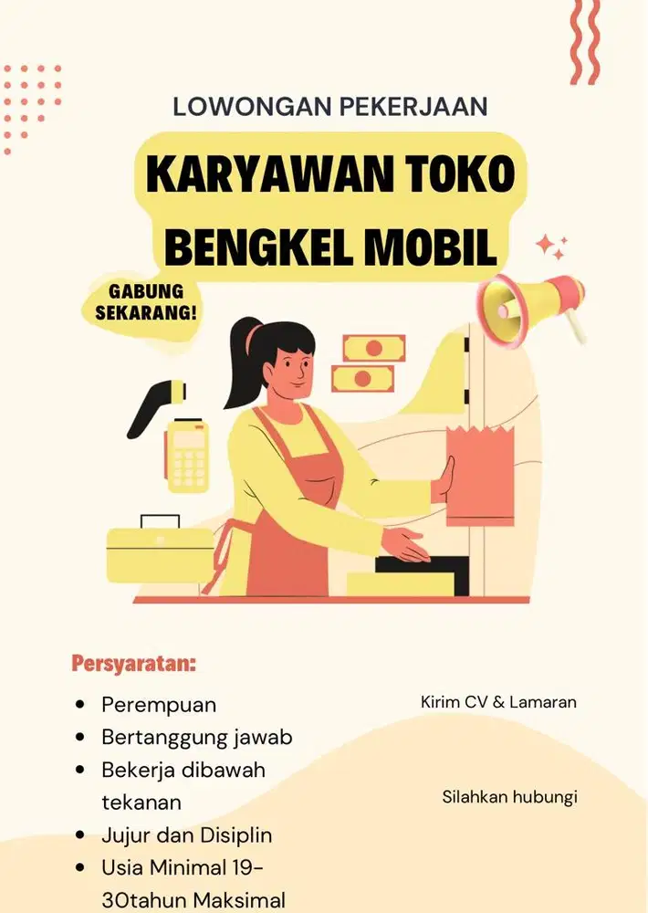 Di cari karyawan toko bengkel mobil khusus wanita