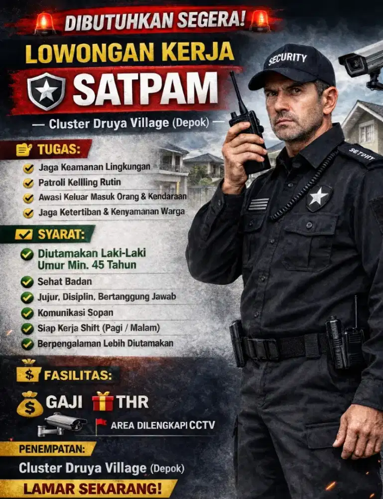 Dibutuhkan Segera Satpam/Security Cluster Druya Village