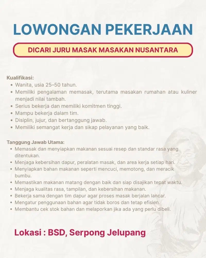 Dicari Juru Masak Masakan Nusantara Area BSD