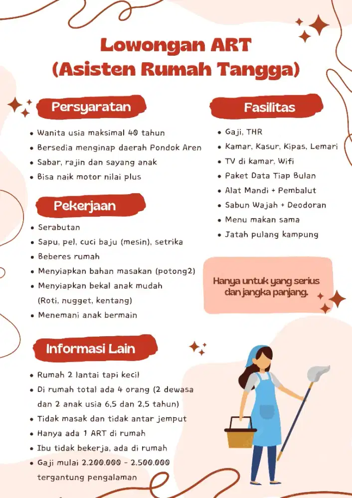 Dibutuhkan ART Asisten Rumah Tangga Menginap di Pondok Aren