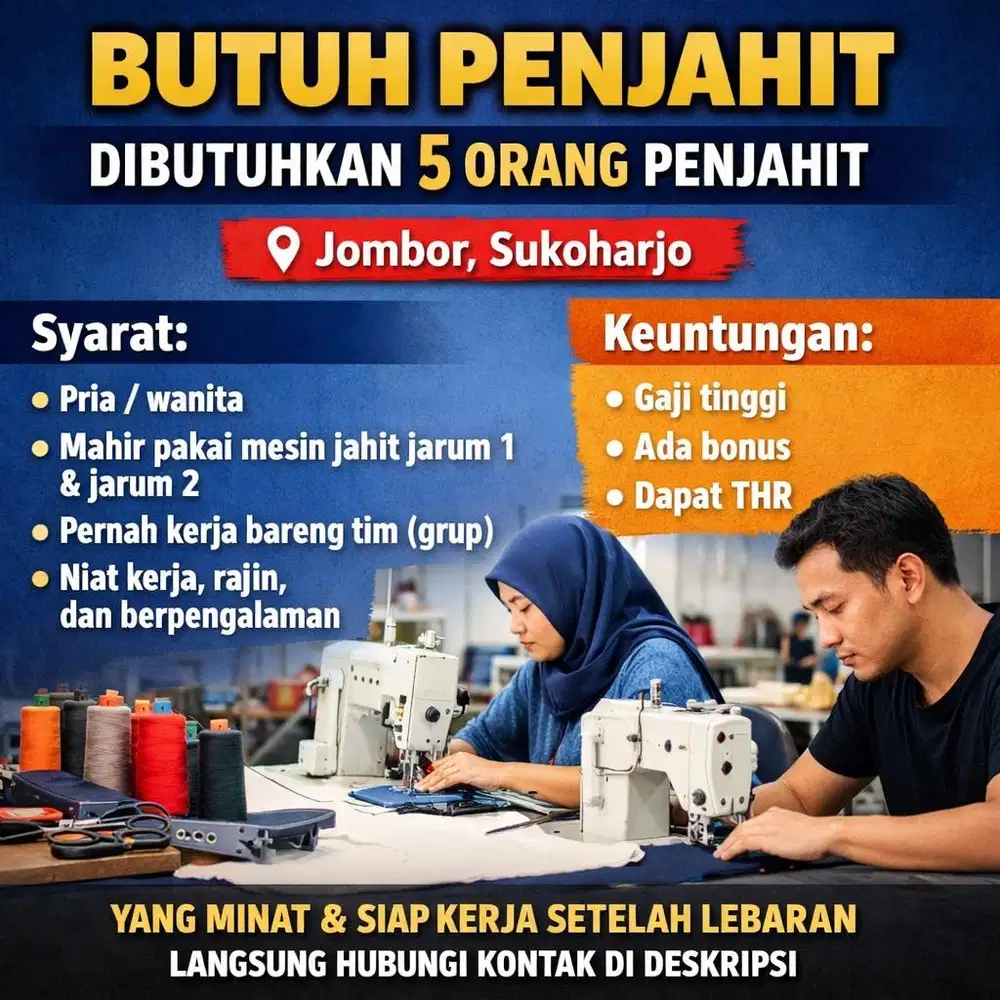 BUTUH 5 PENJAHIT BERPENGALAMAN – GAJI TINGGI | SUKOHARJO