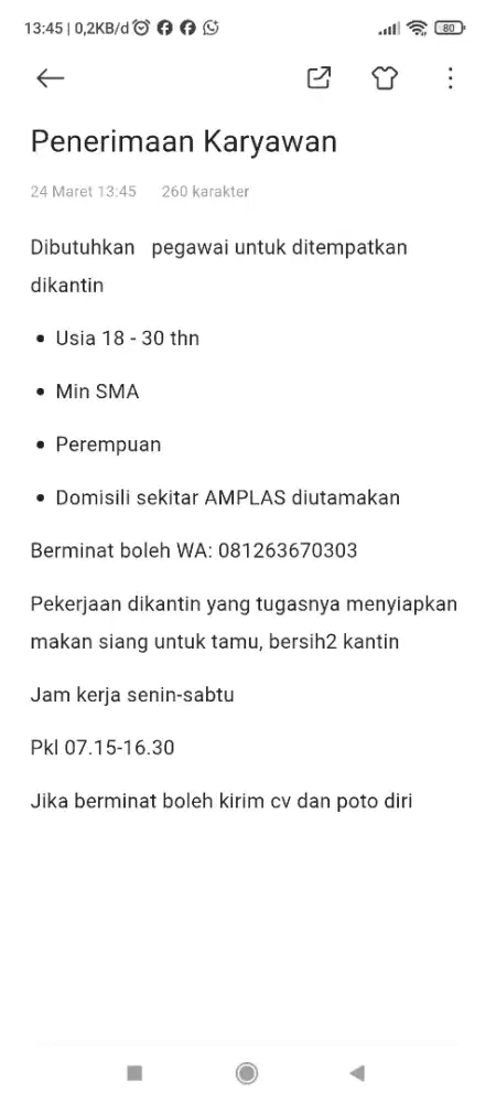 Lowongan pekerjaan petugas kantin