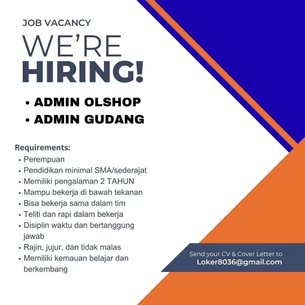DICARI ADMIN OLSHOP & ADMIN GUDANG