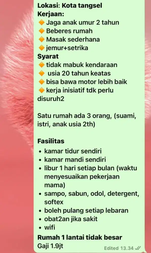 dicari ART menginap untuk area ciputat tangsel