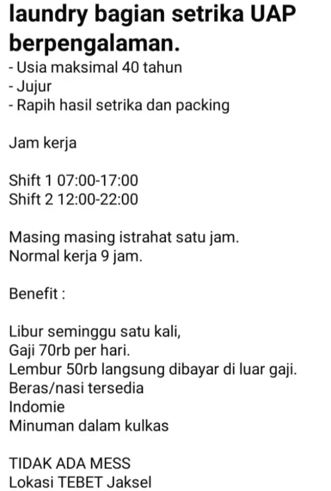 Dibutuhkan segera karyawan setrika uap laundry berpengalaman