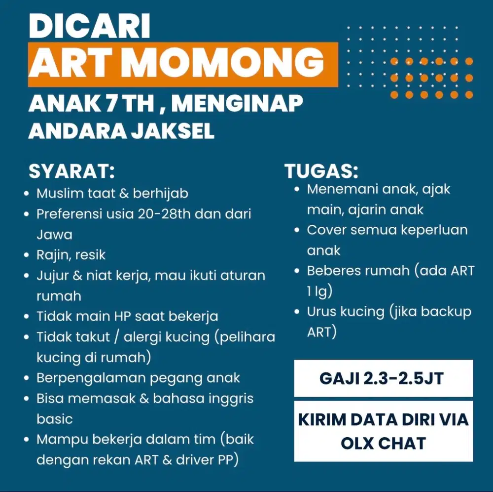 DICARI ART MOMONG ANAK 7 TH, JAKSEL