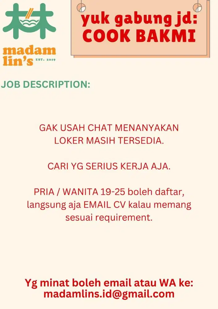 COOK HELPER KEDAI BAKMI non halal