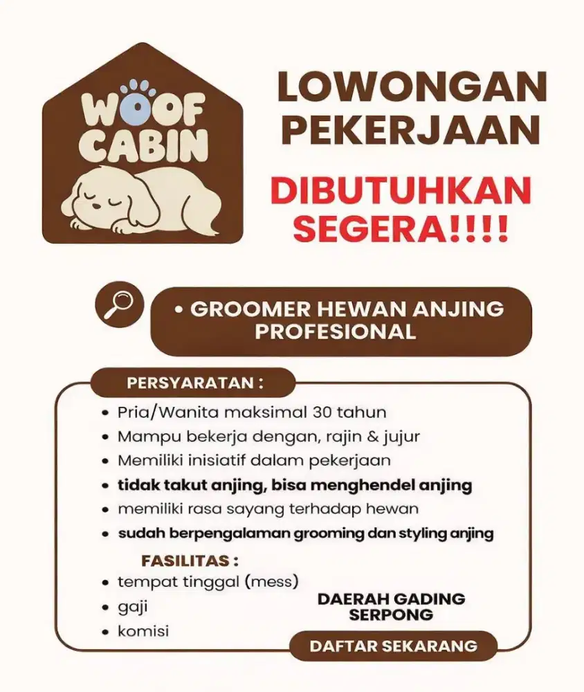 URGENT! DICARI PROFESSIONAL DOG GROOMER