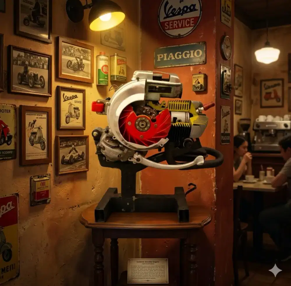 Mesin sepeda motor vespa display dealer vintage antik lawas jadul