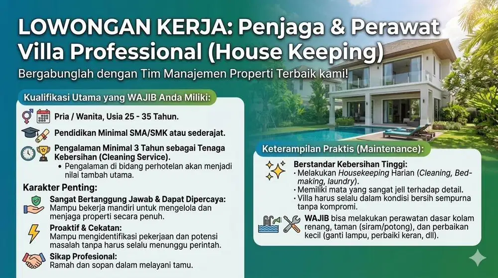 DIBUTUHKAN: PENJAGA & PERAWAT VILLA PROFESIONAL (House Keeping)