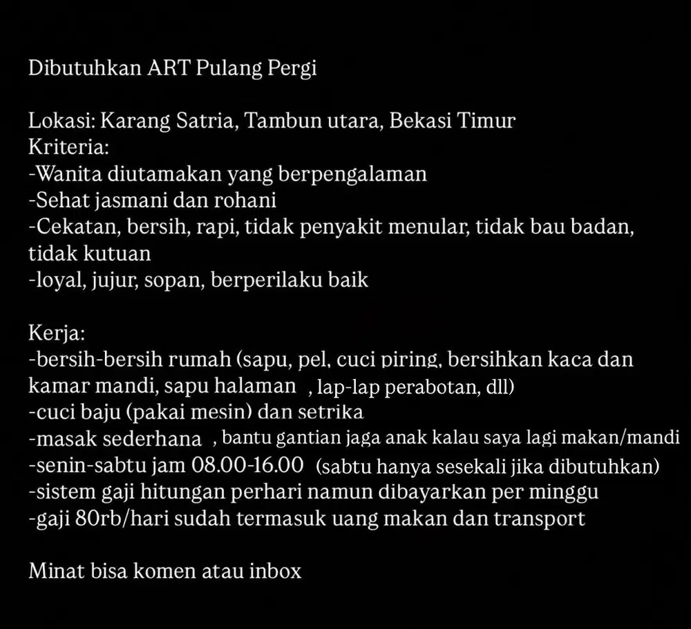 Dibutuhkan ART PULANG PERGI BEKASI TIMUR