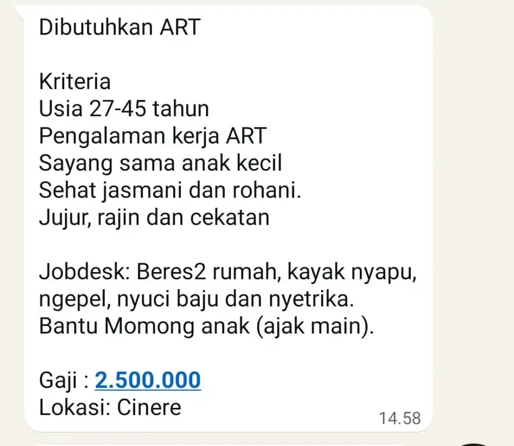 dibutuhkan asisten rumah tangga