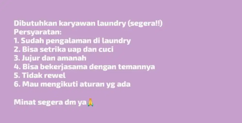 Di butuhkan segera karyawan laundry