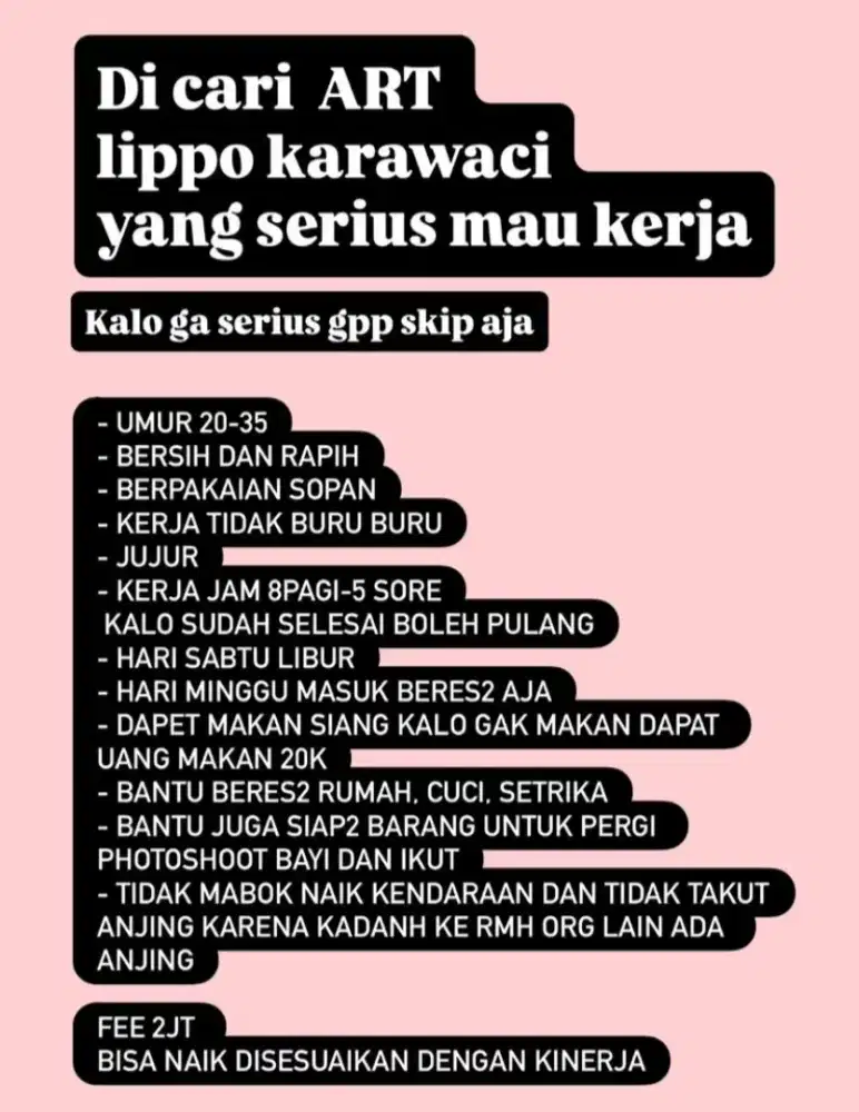 Dicari ART Pulang Pergi