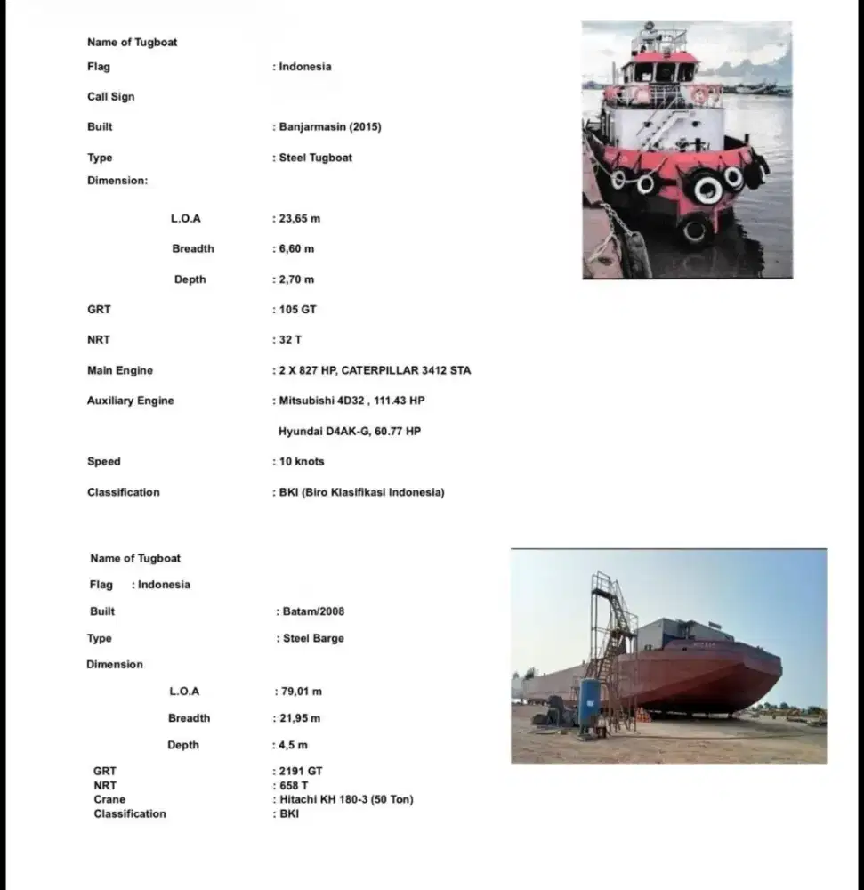 Di jual Tugboat & tongkang 270 feet stancion crane tahun 2015 - 2008