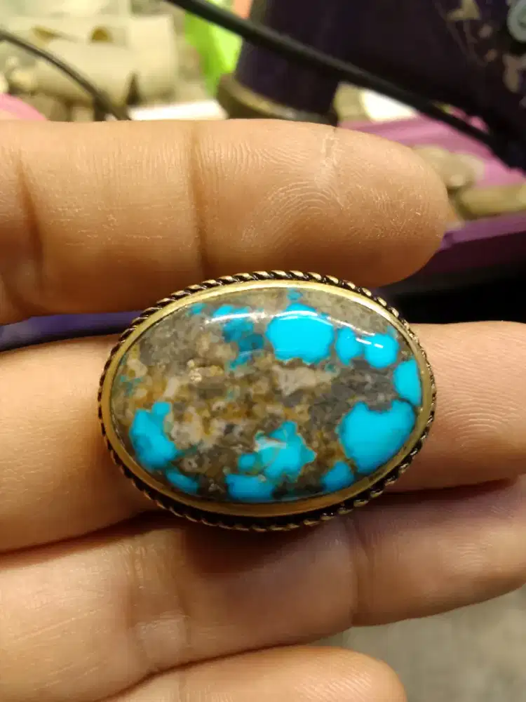 Cincin Batu Pirus Persia Biru Panci