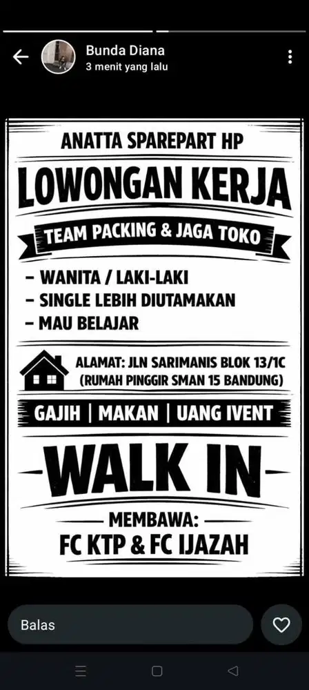 loker packing dan jaga toko sparepart