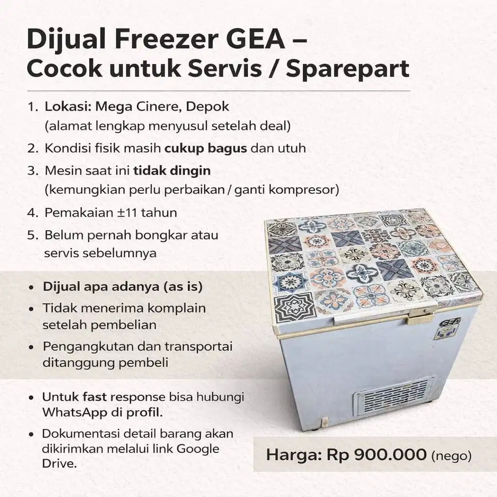 Dijual Freezer GEA – Cocok untuk Servis / Sparepart