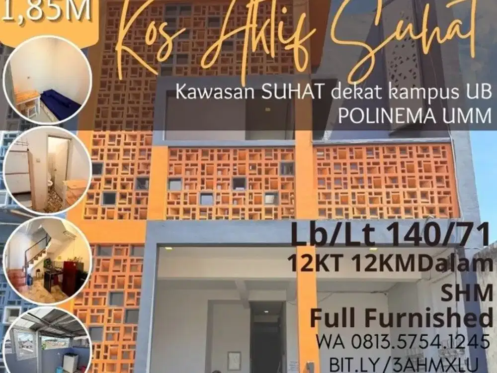 Kos Aktif dijual di Malang 12KT+13KMD Furnished SUHAT UB POLINEMA 1,85M
