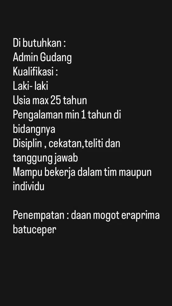 Di butuhkan admin gudang expedisi