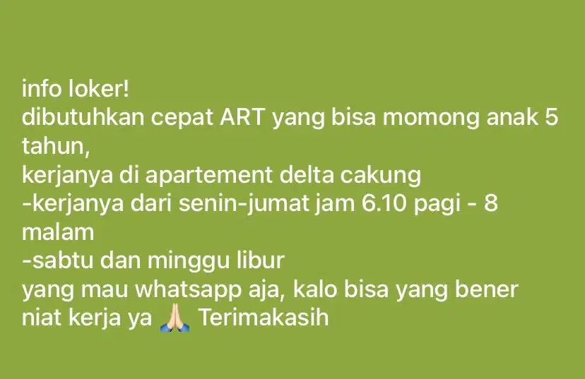 Dibutuhkan cepat ART yang bisa momong anak