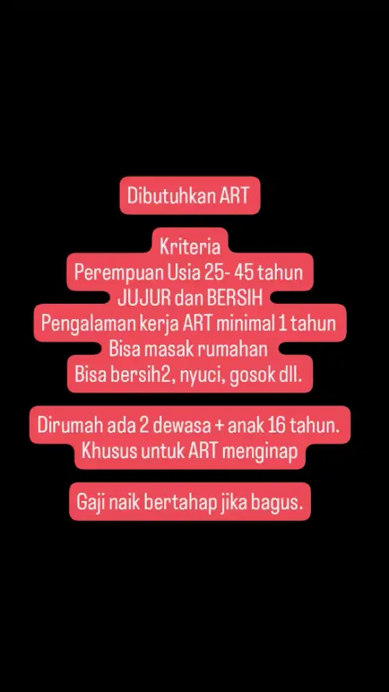 dibutuhkan Art ASISTEN RUMAH TANGGA MENGINAP