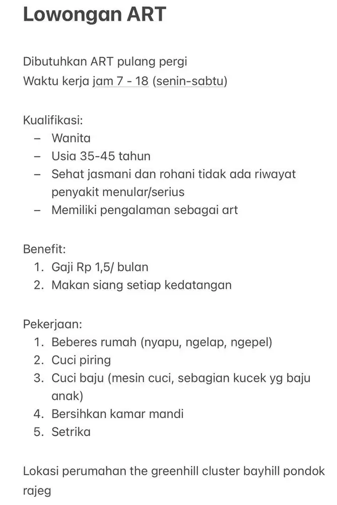 Lowongan ART PP 1,5jt per bulan