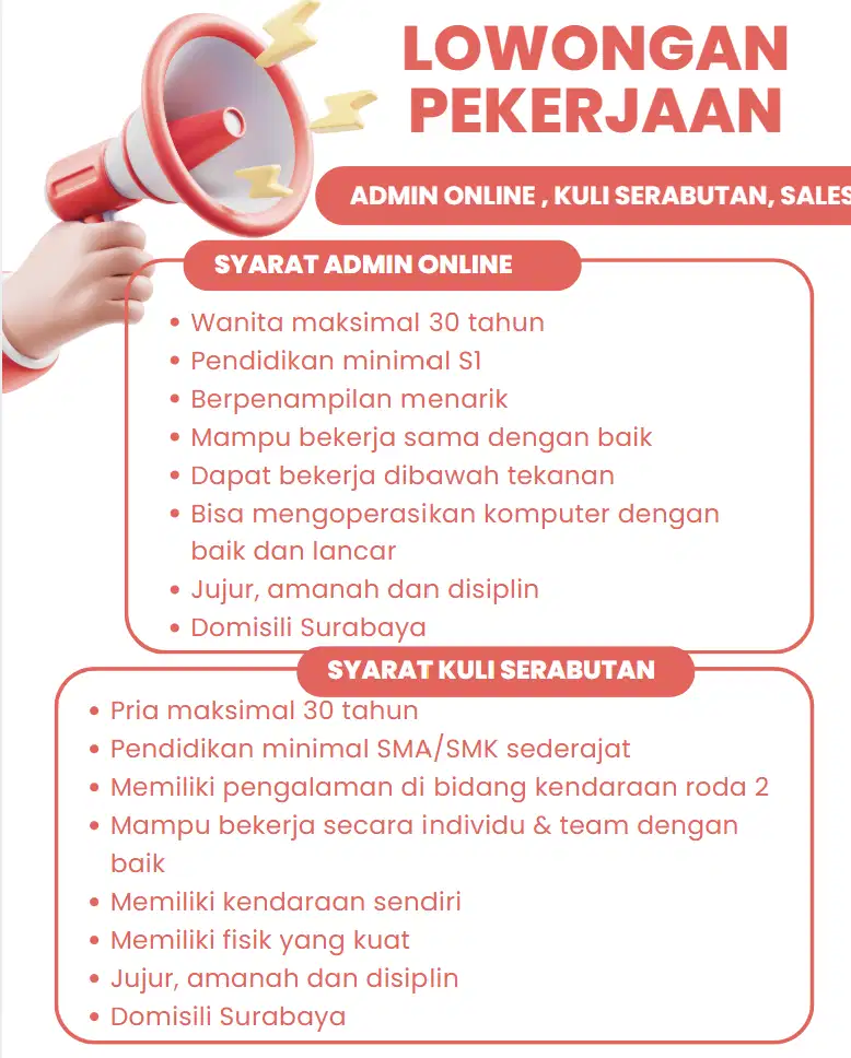 LOWONGAN PEKERJAAN ADMIN ONLINE , KULI SERABUTAN, SALES MARKETING