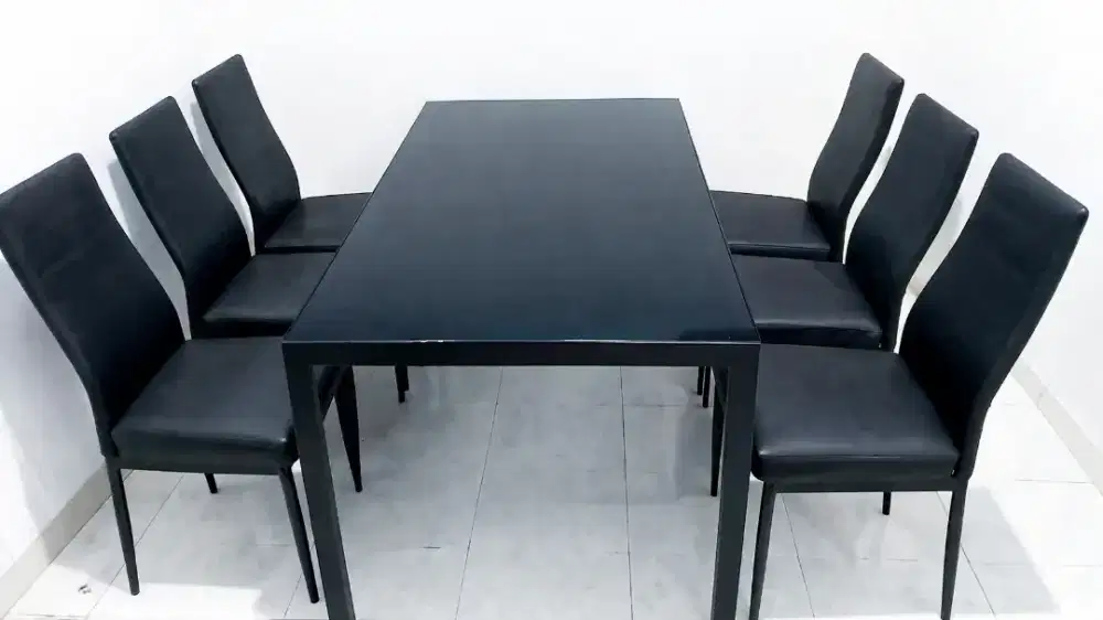 Meja makan kaca set + 6 bangku hitam