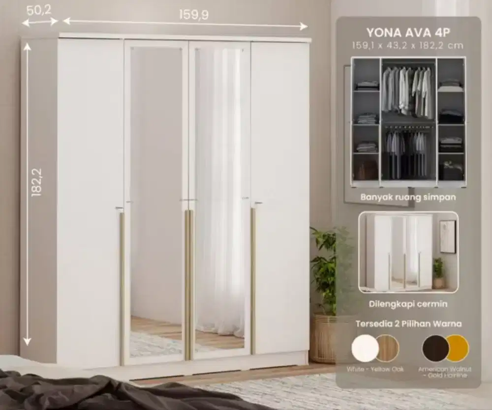 Lemari 4 Pintu Minimalis + Cermin | Mulus Siap Pakai