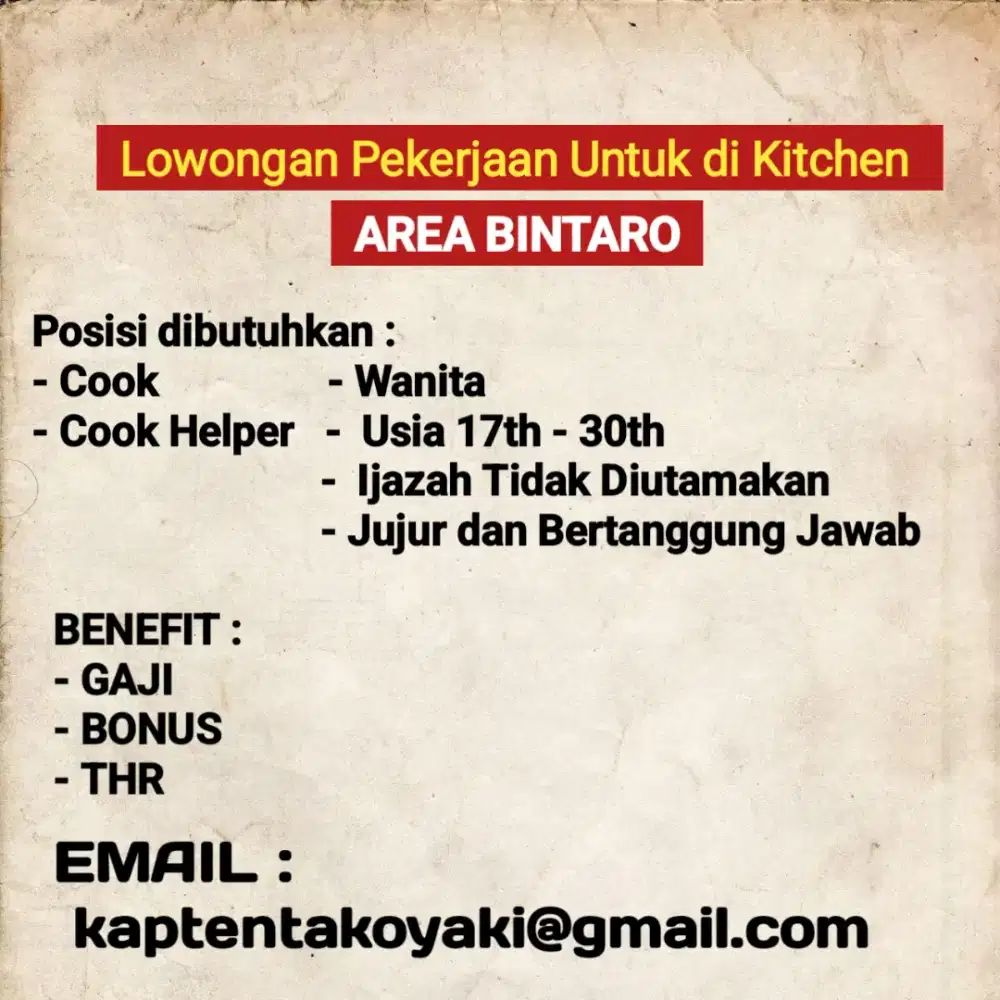 LOWONGAN KERJA TUK WANITA CREW KITCHEN DI BINTARO